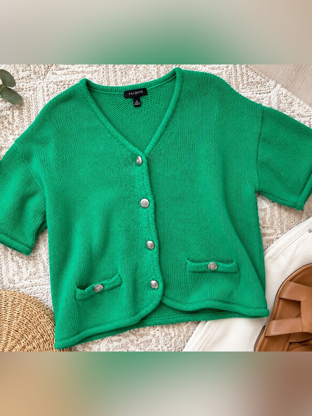 Talbots Emerald Green Cotton Blend Short Sleeve Cardigan Lady Jacket M